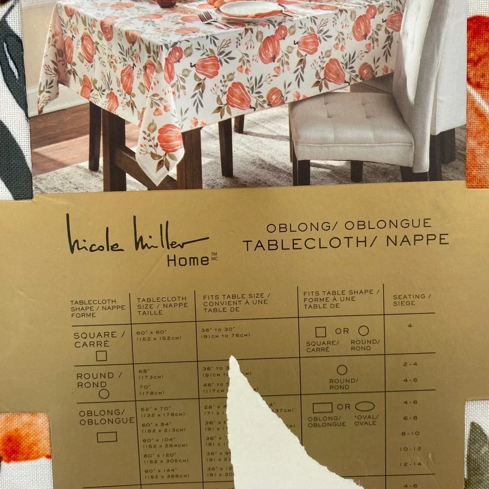 Nicole Miller Home Tablecloth 60x120 Cream Orange Pumpkin Fall Harvest Autumn